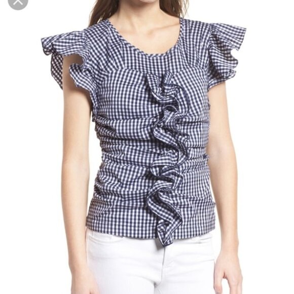 Chelsea 28 Gingham Ruched Poplin Top in Navy/white - Picture 1 of 8
